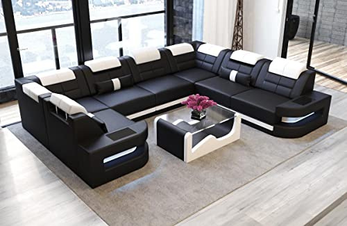 Wohnlandschaft Como U Form Ledersofa (Langer Schenkel rechts, Schwarz-Weiß)