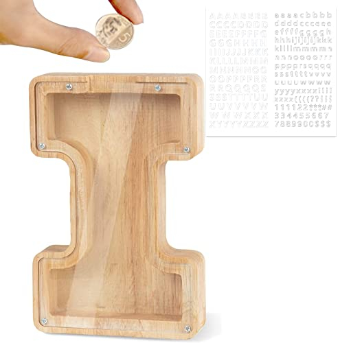 LEcylankEr Spardose Kinder Personalisierte A-Z Alphabet Sparbüchse Holz Spardose Dekoration Kreative groß Sparschwein als Geschenke für Geburtstag, Weihnachten und Thanksgiving (I)
