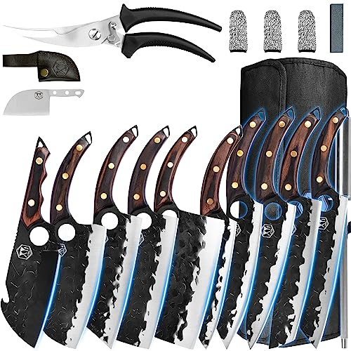 XYJ Authentic Seit 1986,10-pcs Küchenmesser Set, High Carbon Stahl geschmiedete Kochmesser, Gemüse Cleaver, Schnitzen, Nakiri, voller Tang, Besteck Messer mit Tasche, Schärfer&Geflügel Schere