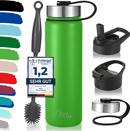 Milu - Borraccia in acciaio inox, con 3 coperchi, thermos con cannuccia, bottiglia isolata termicamente, a prova di perdite, a doppia parete, adatta per bevande gassate (Verde mela, 750 ml)