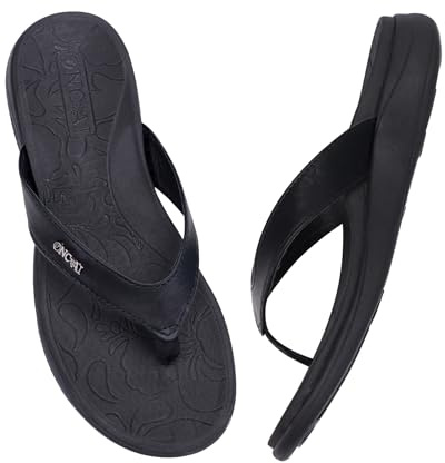 ONCAI Flip Flops for Women, Comfortable Leather Strap Orthotic Arch Support Summer Beach Flip Flops with Soft Cushion Yoga Foam Rubber Soles Black Size 4
