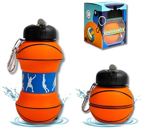 CODiLLO Trinkflasche, Kindertrinkflasche, Junge, faltbare Trinkflasche, Silikonflasche, BPA-frei, Kinderflasche, Geschenkidee (550 ml, Basketball Orange)