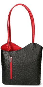 Damentasche mit Griffen und umwandelbar in einen Rucksack aus echtem Leder mit Straußenprägung. Italienisches Handwerksprodukt. Hergestellt in Italien GLX22300523FBG-20_BLACK_12_RED 28x25x9 cm