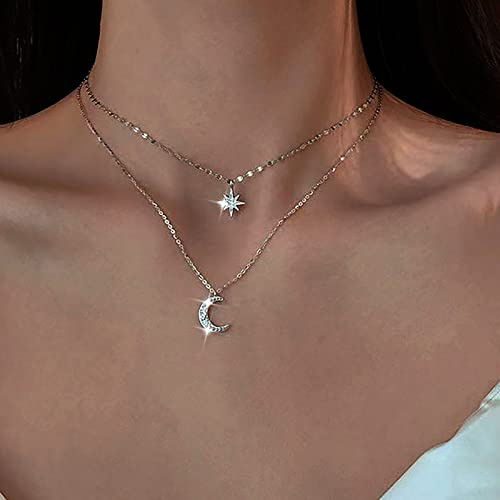 Atentuyi Boho Geschichtet Cz Mond Stern Choker Halsketten Silber Nordstern Halskette Mond Anhänger Halskette Cz Starburst Halskette Strass Mond Halskette Schmuck Für Frauen Und Jugendliche Mädchen
