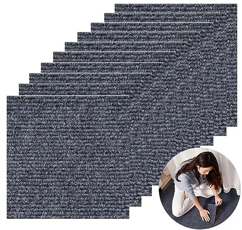 Lot de 10 carreaux de moquette à rayures autocollants, antidérapants, lavables, résistants à l'usure, pour bureau, chambre, salon, salle de bain, cuisine (gris foncé, 30 x 30 cm)