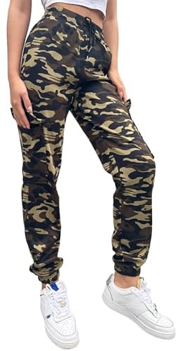 Nuofengkudu Women Cuffed Jogging Tracksuit Bottoms with Pockets Drawstring Camouflage High Waisted Teen Girls Cargo Joggers Pants Petite Combat Trousers