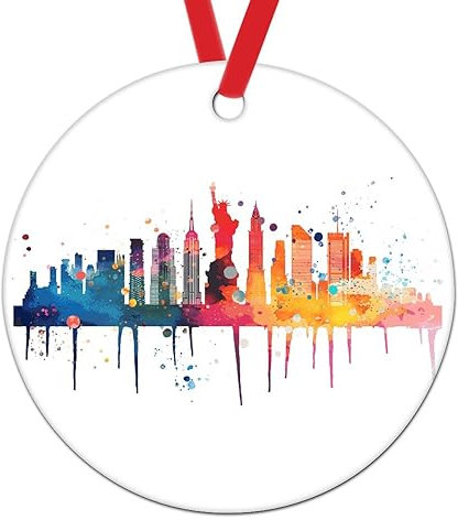 Swavecat Watercolor City Skyline Tree Decoration Ornament America New York City Christmas Tree Decoration Keepsake America New York Colorful City Landscape Christmas Ceramic Ornament
