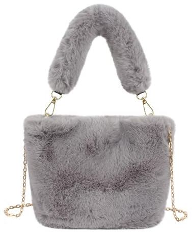 Meliyya Damen Fellimitat Schultertasche Plüsch Umhängetasche Flauschige Handtasche mit Ketten Plüsch Griff, Grau