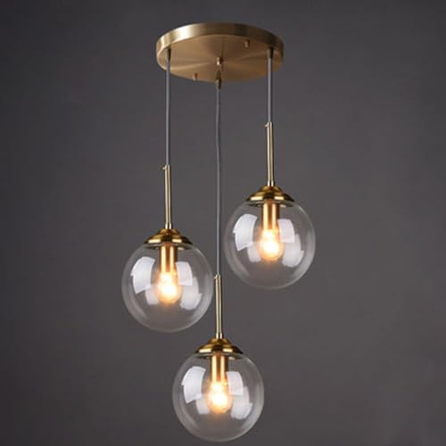CONERY Lampes suspendues en verre à 3 lumières Lustre en laiton doré vintage Lampe à suspension suspendue à boule réglable E27 Lustre de plafond industriel pour îlot de cuisine Chambre Salon