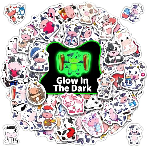 Cow Water Bottle Stickers for Kids Glow in The Dark, 93 PCS Vinyl Waterproof Stickers Pack for Laptop Skateboard Phone Case, Cute Dairy Cattle Decals for Teens