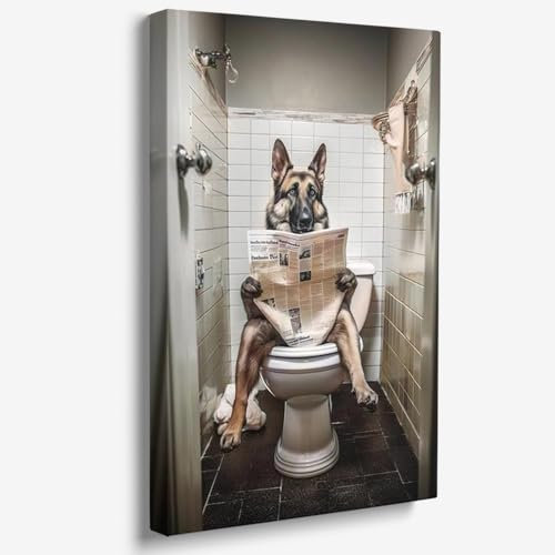 Reateforin Lustiger deutscher Schäferhund, der Zeitung auf Toilette liest, Wandkunst, ästhetisches Poster für Badezimmer-Dekor, niedliche Tierbilder, Geschenke für Hundeliebhaber, 30,5 x 40,6 cm