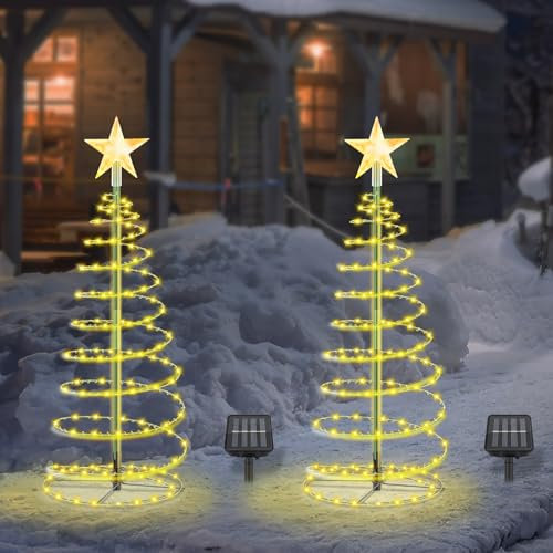 Albero di Natale Solare Afenau, 2 Pezzi a Spirale, Impermeabile Decorazioni Esterno per Giardini, Terrazze (Bianco Caldo)