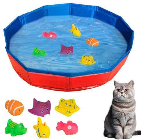 Faltbarer Katzenpool Mit Spielzeug, Katzen Pool mit 6pcs Fisch Wasser Spielzeug, H 10cm - Ø 50cm Tragbares Pool Spielzeug, Multifunktionale Outdoor Haustier Badewanne Planschbecken (50 * 10cm Rot)