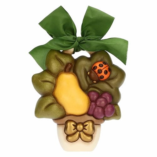 THUN, Formella Vasetto con Frutta e Coccinella in Ceramica e Nastro, Linea AbbracciAMI, Formella da Collezione, Idea Regalo per Natale, 12.9 x 15 x 4.1 cm