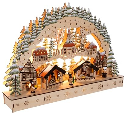 Spetebo LED Holz Schwibbogen 44 x 30 cm, Motiv Wintermarkt | Lichterbogen mit Weihnachtsmotiv, Weihnachtsdeko Tischdeko Fensterdeko, Weihanchten Advent Winter Deko, Batterie betrieben