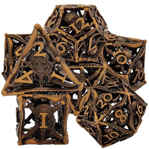 7PCS Hohle Metall DND Würfel Set, Vintage Golden Pirate Rollenspiel D&D Würfel, DND Metall Würfel Set, Polyedrische Metall Würfel Set für Pathfinder Warhammer RPG Brettspiele