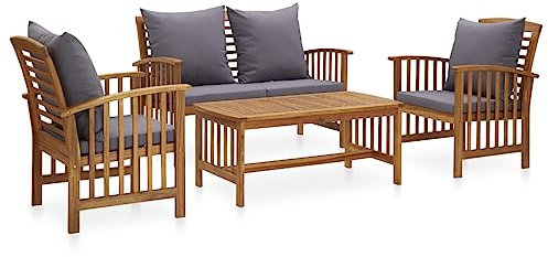 Willood 4 TLG. Garten Lounge Set mit Auflagen Gartenmöbel Sofa Lounge Sitzgruppe Gartenset Ecksofa Mittelsofa Massivholz Akazie Grau Bank + 2X Sessel + Tisch