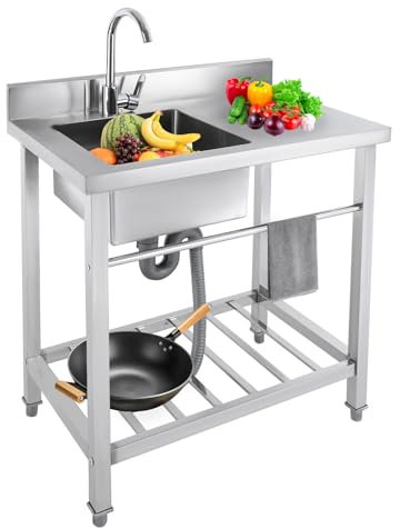 Fregadero de cocina independiente de acero inoxidable, fregadero con grifo, colador, capacidad de carga de 100 kg, patas ajustables de 3 cm, para cocinas, salas limpias