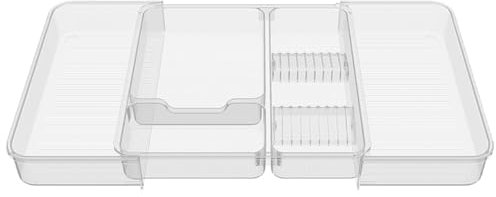 Wi4you Expandable Drawer Organizer Tray from 11” to 19.1”, Adjustable Silverware in Drawer Holder, Clear Plastic Drawer Storage with Sliding Dividers for Utensil, Cosmetics, Toiletries, Offices