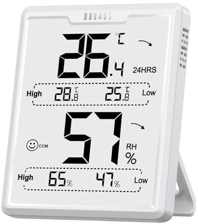 DOQAUS Digitales Thermometer Hygrometer Innen,Thermo-Hygrometer Feuchtigkeit Raumthermometer Luftfeuchtigkeitsmessgerät mit großem LCD-Display für Gewächshaus,Babyraum,Wohnzimmer,Büro (weiß)