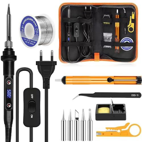 Small Soldering Iron Kit 80W: Adjustable Temperature 180-520°C Electric LCD Welding Tools with 5 Soldering Tips Stand Desoldering Pump Solder Wire and Tweezers