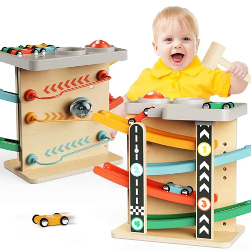 2 in 1 Auto Spielzeug Kugelbahn aus Holz mit Pound Ball Spielzeug Montessori Rennbahn Baby Spielzeug ab 1+ Jahr Holzspielzeug Kinderspielzeug Geschenk für Kinder Junge Mädchen ab 1 2 3 Jahr
