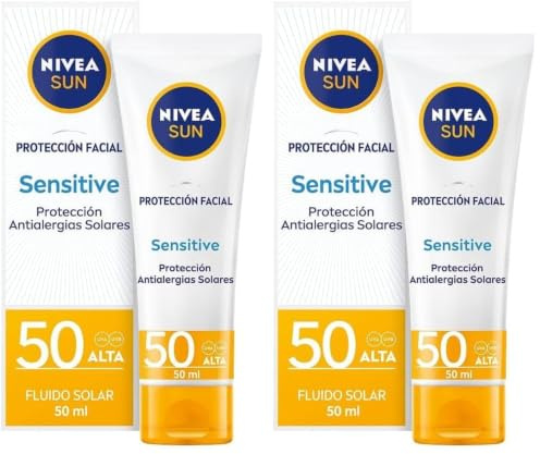 NIVEA SUN Sensitive Protección Facial FP 50 (1 x 50 ml), protector solar facial para piel sensible, crema sin perfume, crema solar 50 con 0% sensación pegajosa (Paquete de 2)