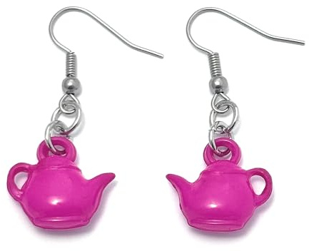 FizzyButton Gifts Hot Pink Acrylic Teapot Charm Drop Earrings with Surgical Steel Ear Wires and Organza Gift Bag