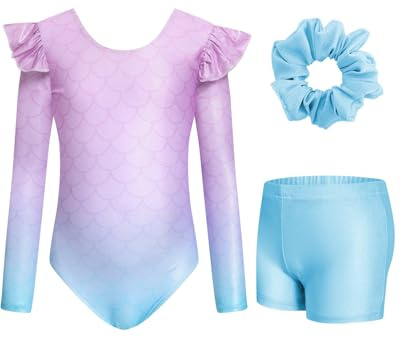 Wenlia Girls' Three-Piece Gymnastics Leotard Set, Long Sleeve Ruffle Gymnastics Leotard with Shorts and Hair Tie, Sparkling Ballet Unitards for Kids 3-12 Years