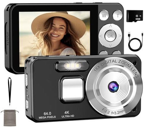 4K Fotocamera Digitale, 64MP Fotocamera Compatta con Autofocus e Zoom Digitale 18X, Schermo da 2,8, Registrazione Loop & Webcam, con Scheda SD da 32GB, Ideale per Vlog, Viaggi & Principianti