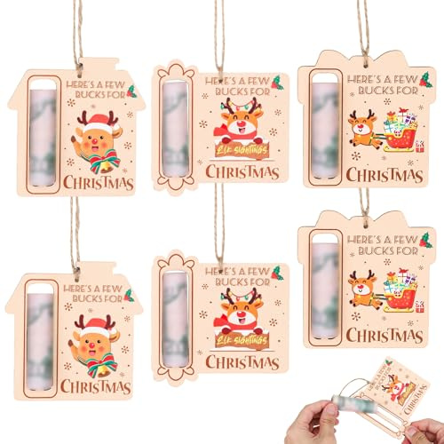 6pcs Christmas Xmas Money Wallets and Envelopes Cards Holder Box Ornaments, 10x10cm/4x4in Wooden Reindeer Cash Holders for Tree Hanging Holiday Decor & Party Favors
