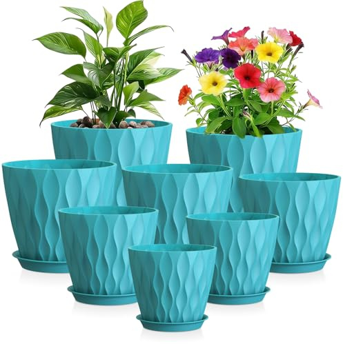WSMKSZ 8 Pack Plant Pots Indoor Outdoor, 20 to 10cm Plastic Flower Pots Set | Decorative Planter Pots for House Plants with Saucers & Drainage Holes, 3D Modern Wave Texture, Various Sizes, Blue Green