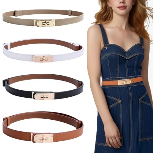 COGVOHY 4 Stück Schmal Gürtel Damen, Verstellbarer Skinny Damen Ledergürtel, Solide Legierung DrehverschlussTaillengürtel, Klassisch Dekorativen Gürtel für Jeans Hosen Kleider