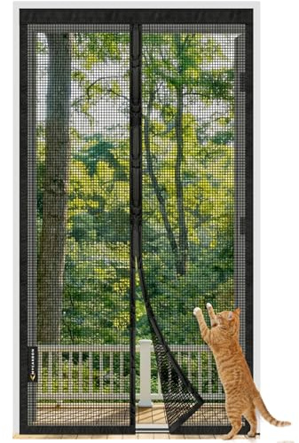MYCARBON Mosquitera Puerta Magnetica de Fibra de Vidrio Material Ignífugo Mosquiteras para Puertas Resistente a Arañazos de Gatos, Anti UV, con Cinta Adhesiva, 75x200cm, Negra