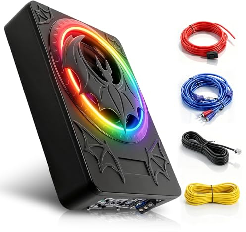 VECHTEL Subwoofer Auto Sottile 7 cm Sottosella, Subwoofer Attivo Potenza Picco 1200W con Suono Surround 360°, Regolazione Fase 180°, Filtro Passa Basso e Luce RGB Compatibile con Berlina SUV Pickup