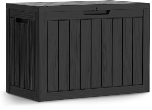 AKORD Gartenbox Wasserfest 170L Aufbewahrungsbox für Balkon & Terrasse, Kissentruhe aus robustem Kunststoff in Holzoptik, Polypropylen, 77,5 x 55,5 x 43 cm, Schwarz