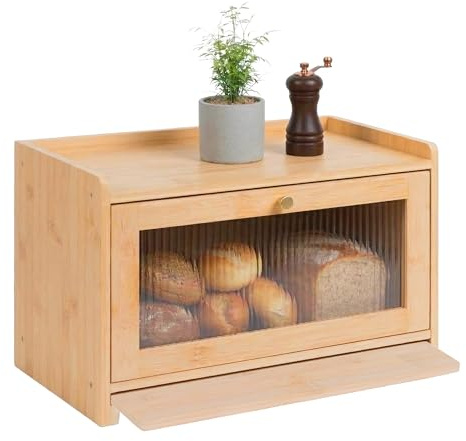 Relaxdays Brotkasten, Bambus, Schneidebrett, Ablage, Luftlöcher, Sichtfenster, HxBxT: 26 x 40 x 25 cm, Brotbox, Natur
