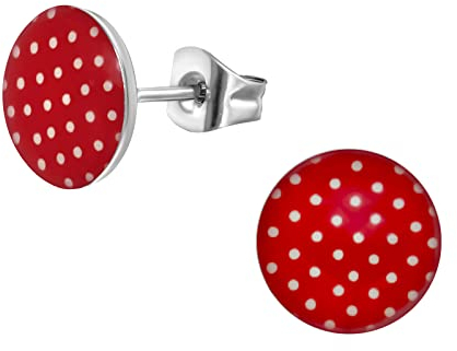 Bungsa Ohrstecker Rockabilly weiße Punkte auf rotem Untergrund 10mm aus 316L Edelstahl