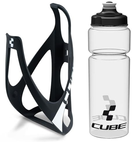 Cube HPP Cage - Matt Black/White & Icon Bottle - Clear, 750ml / Lightweight Bicycle Cycling Cycle Bike MTB Mountain Road Water Drink Flask Bidon Bracket Mount Holder Carrier Kit Part Set Accessories