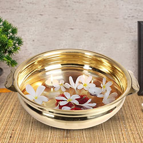 Kartique Brass Golden Fancy Vessel Urli Uruli for Home Decor Bowl Decoration Pot Flowers Floating Candles in Office Hotel Religious Function 11 Inch (Gold 8 Inch)