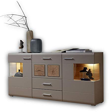 Stella Trading FUN PLUS 2 Sideboard in Basalt mit schönen Hirnholz-Applikationen - Kommode inkl. LED-Beleuchtung - 170 x 94 x 42 cm (B/H/T)