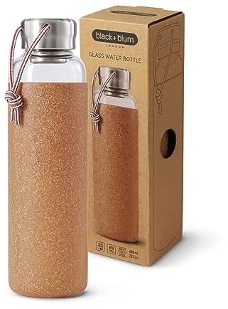 Black+Blum Glass Leak-Proof, Lightweight Travel Water Bottle with Protective Sleeve, Stainless Steel, Nylon, Polypropylene and Silicone, Almond, 600 ml