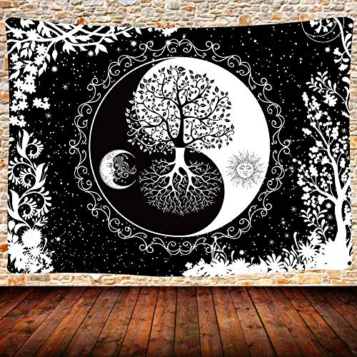 UHOMETAP Tenture murale motif soleil et lune, mandala noir et blanc, motif arbre de vie Yin Yang, 203 x 152,4 cm, décoration d'intérieur GTQQUH666