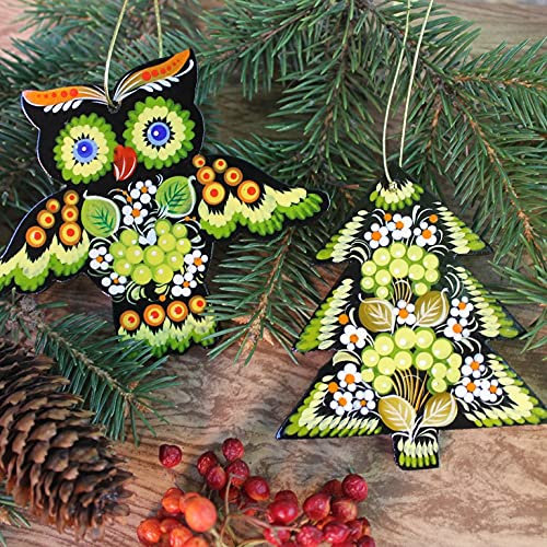 Exklusiver Christbaumschmuck Eule und Tannenbaum 2 St. Set Holzfiguren Tiere Kunstvollbemalt im Ukrainischen Stil der Petrykiwka-Malerei, Hochwertiges Weihnachtgeschenk