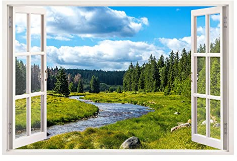 Advertising & Displays Werbecenter Berlin GmbH Leinwandbild mit Fensterblick – Berge und Fluß 120 x 80 cm - Keilrahmen mit Druck