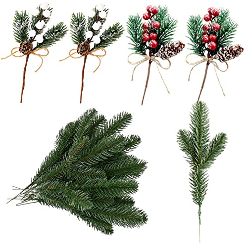 12 ramas de pino artificial y ramas de pino de baya, agujas de hojas verdes, ramas de pino artificial, hojas de pino de plástico, guirnaldas, plantas de pino, Navidad, coronas de manualidades