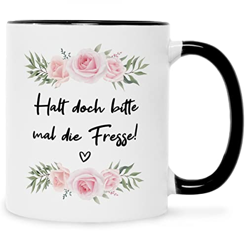 Bedruckte Tasse mit Spruch - Halt doch bitte mal die Fresse! - Lustige Tasse als Geschenk für Kollege Kollegin auf der Arbeit - Geschenke für Arbeitskollegen und Freunde - Farbe: Schwarz & Weiß