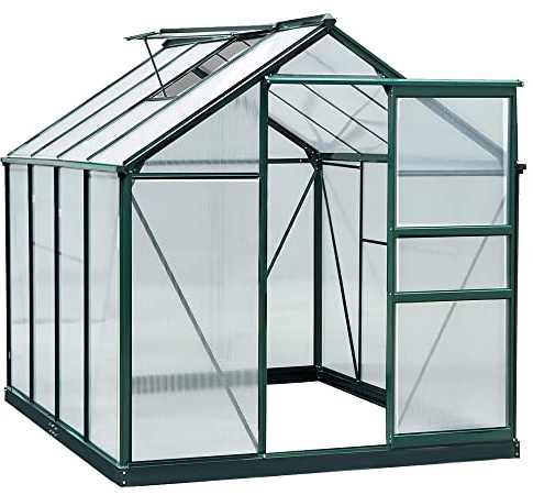 Outsunny Invernadero de Jardín 2x2,5 m Policarbonato y Aluminio Vivero Casero con Tragaluz Protección UV30 y Base 4,79 m² para Macetas Cultivo Plantas Flores Transparente