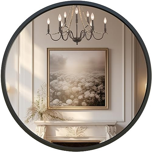 G-LEAF 60 cm Runder Spiegel, Runder Wandspiegel für Badezimmer, Eingangsbereich, Wohnzimmer, Schwarzer Metallrahmen für Heimdekoration