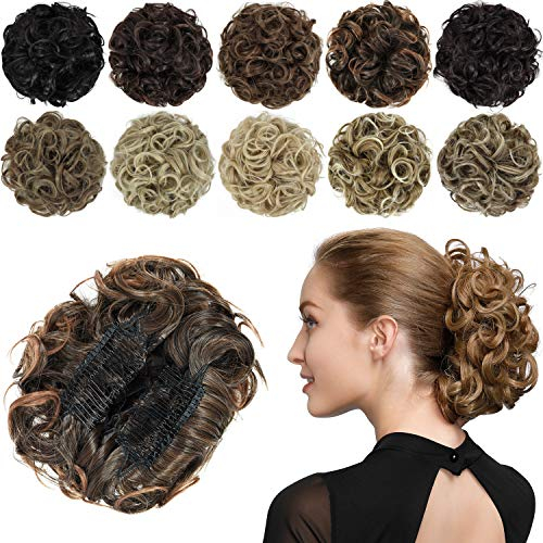 PARXITN Chignon Haarteil Gelockt Dutt Scrunchie Haarverlängerung Synthetische Hochsteckfrisur Kämme in unordentlichem Dutt Haarteil für Frauen Dunkelbraun gemischt Rotbraun